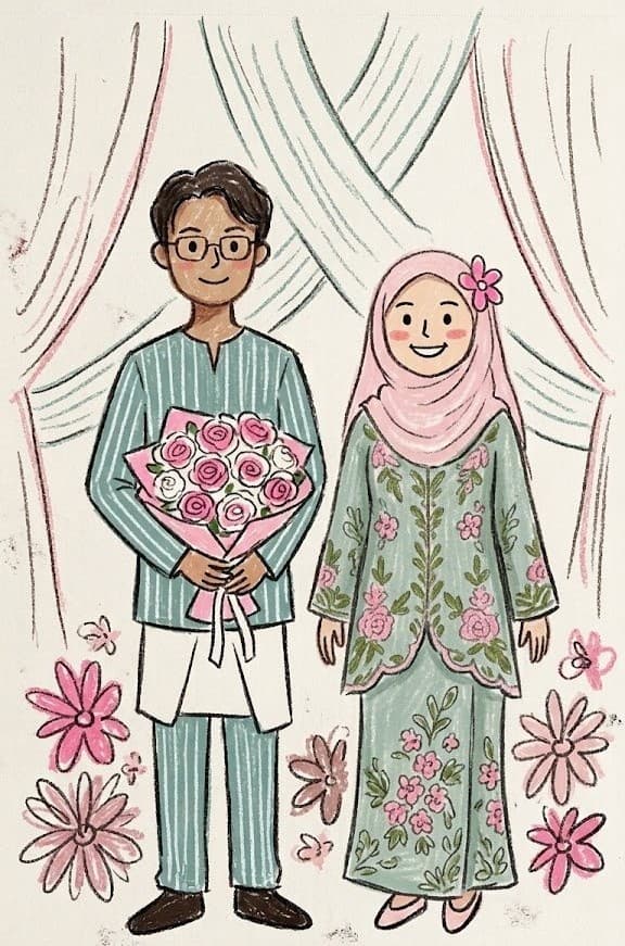 Lakaran Ikmal dan Balqis berdiri bersama di hadapan tirai